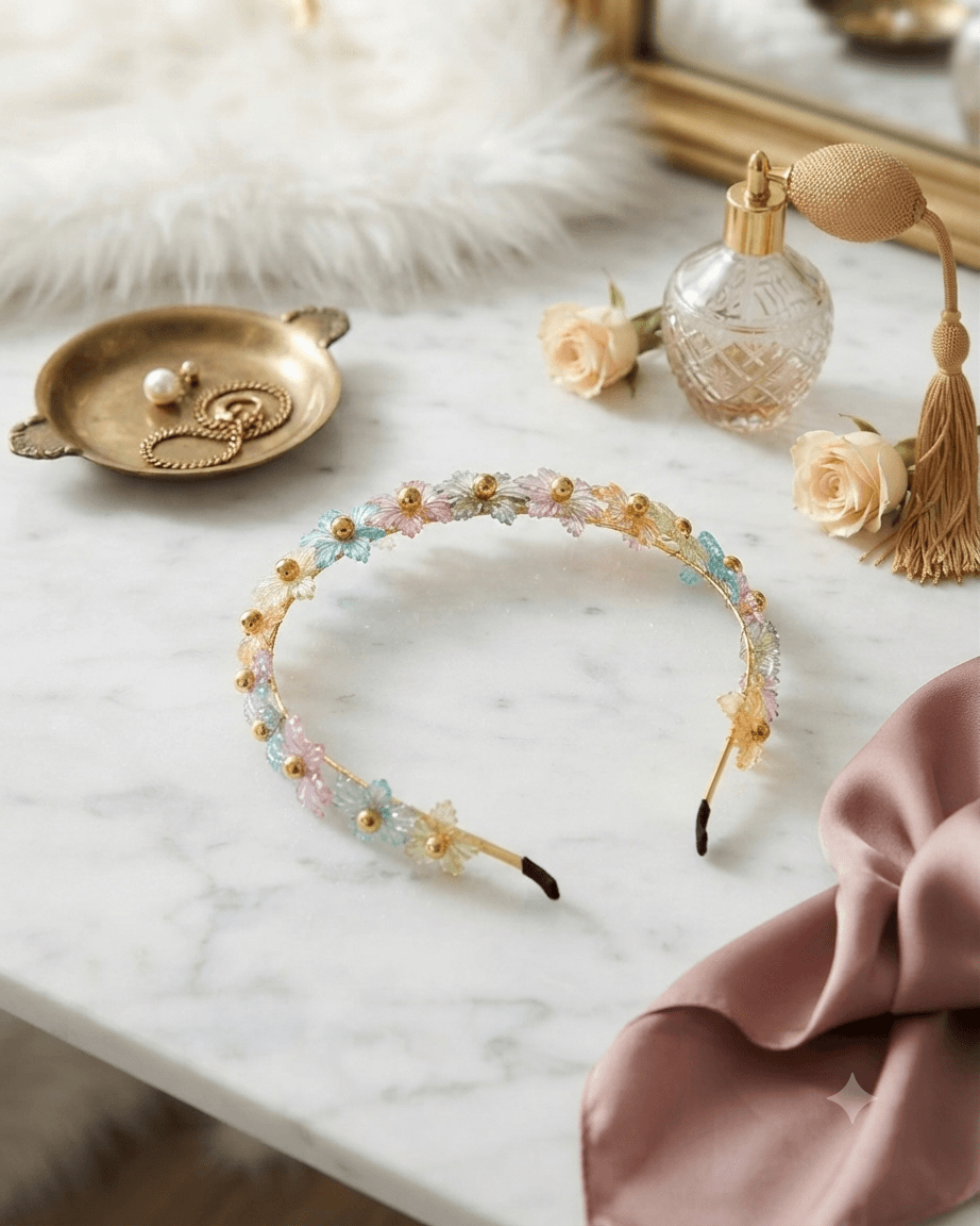 Handmade pastel floral beaded headband displayed on a marble-style surface with colourful flowers and gold-tone bead accents.