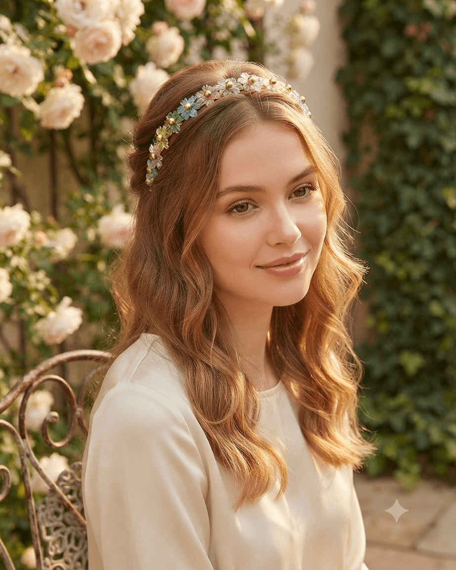 Woman wearing a pastel floral beaded headband styled with soft waves for an elegant garden-inspired look.