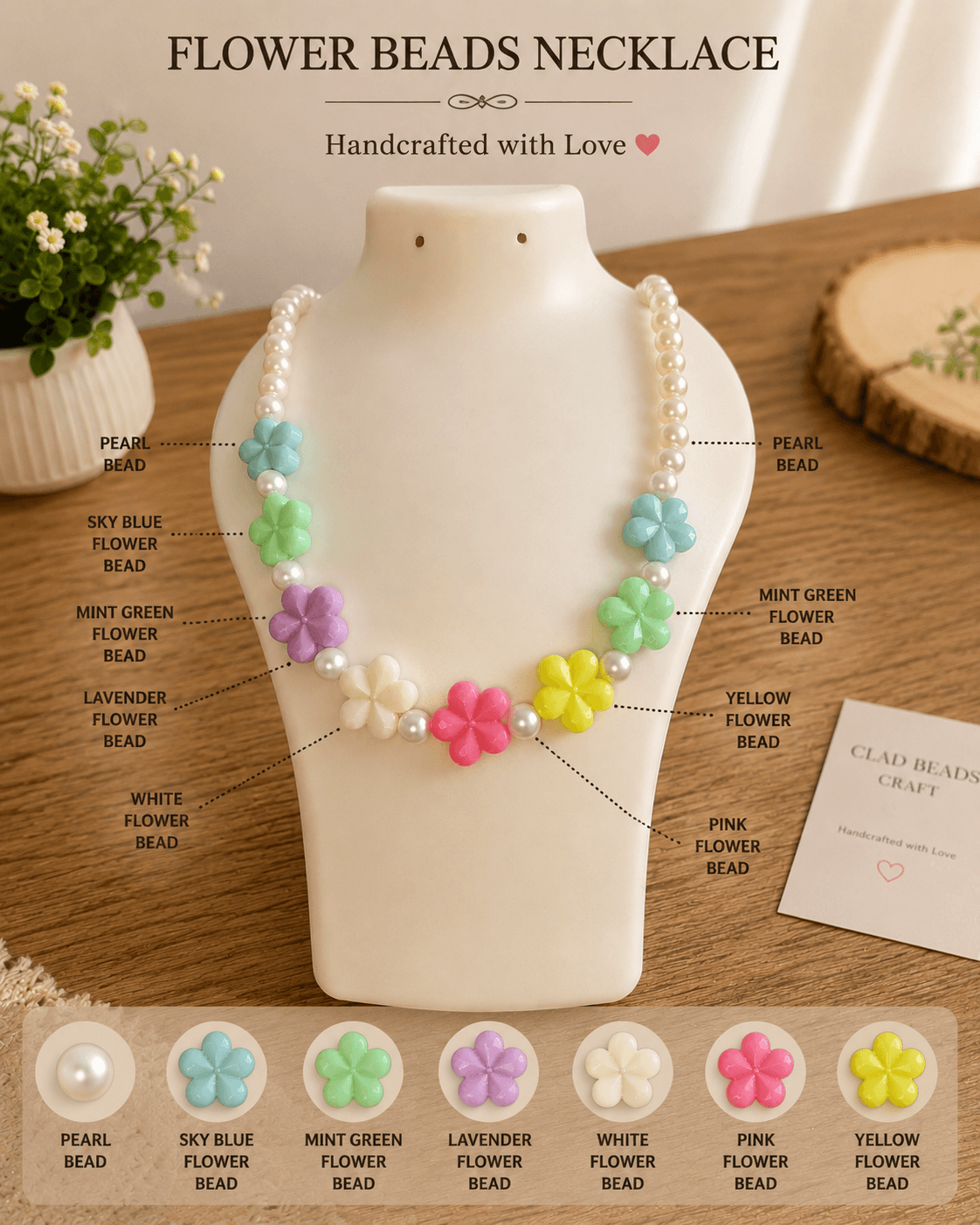 Handmade pastel floral bead necklace displayed on a jewellery bust with colourful flower beads and pearl-look artificial bead details.