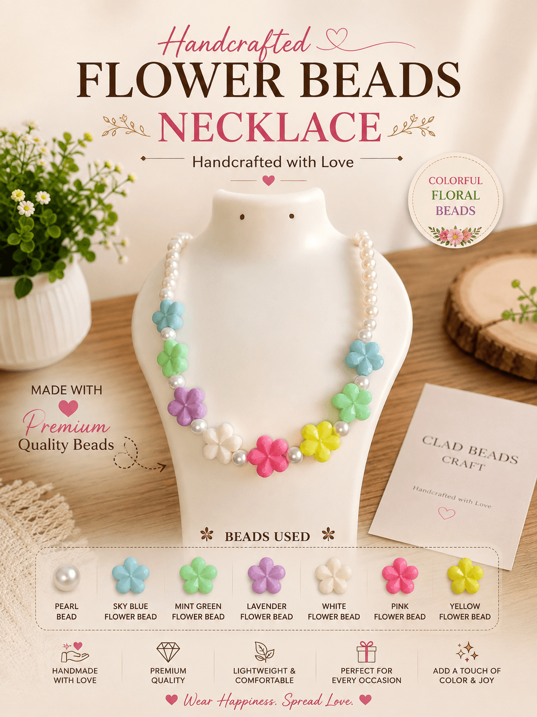 Handmade pastel flower bead necklace with sky blue, mint green, lavender, white, pink and yellow flower beads and pearl-look artificial beads.