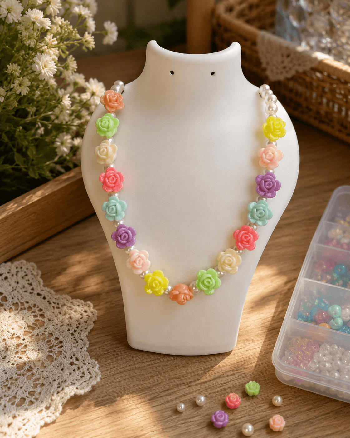 Pastel rose flower bead necklace with colourful peach, mint, cream, pink, lavender, yellow and blue floral beads on a pearl-look artificial bead strand.