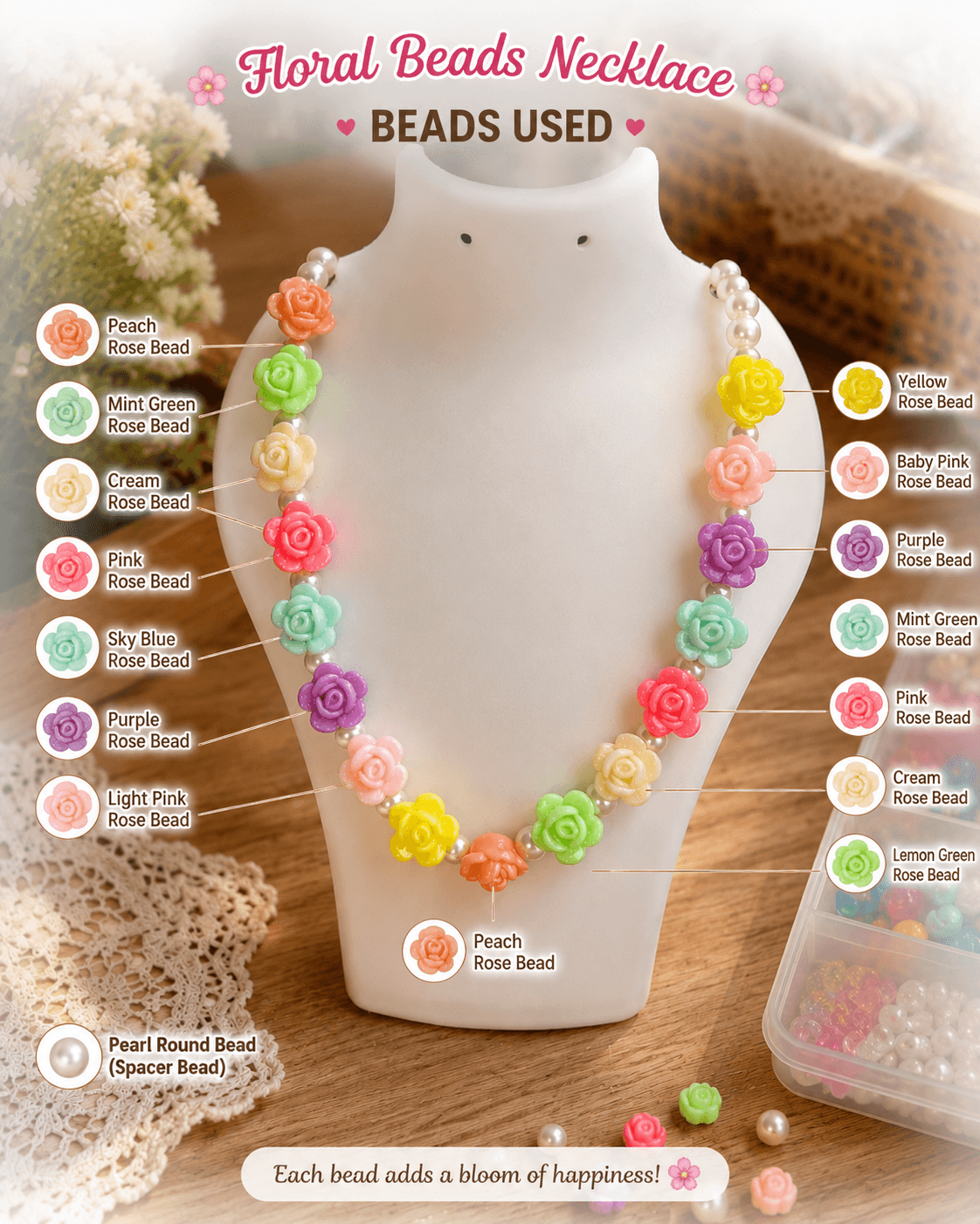 Pastel rose bead necklace displayed on a jewellery bust with peach, mint, cream, pink, lavender, yellow and blue rose bead details.