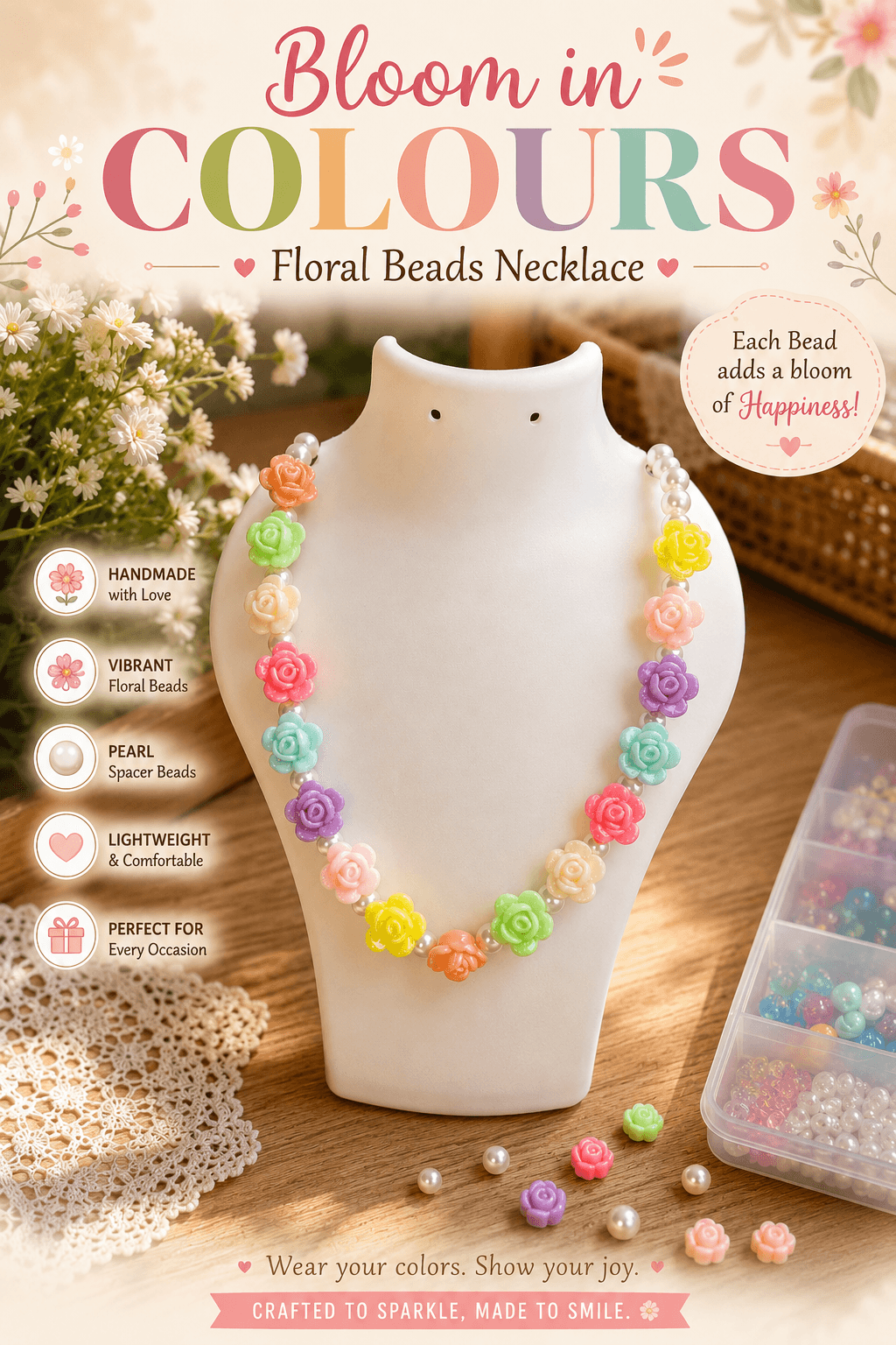 Handmade multicolour rose bead necklace presented with pastel floral styling and pearl-look artificial bead accents.