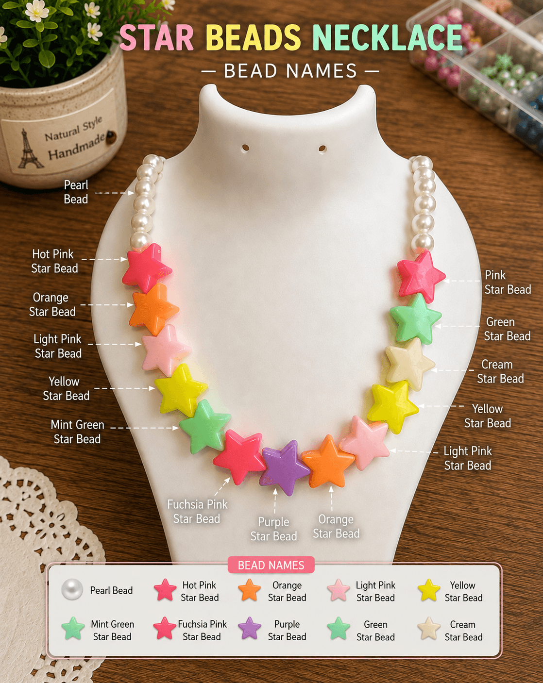 : Multicolour star bead necklace displayed on a jewellery bust with labelled hot pink, orange, light pink, yellow, mint green, fuchsia, purple, green and cream star beads.