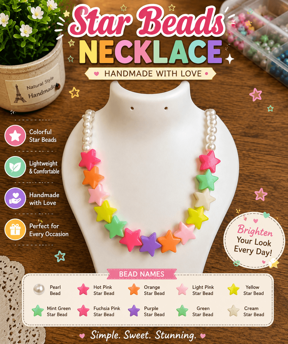 Handmade rainbow-inspired star bead necklace with colourful star accents and round pearl-look artificial beads.