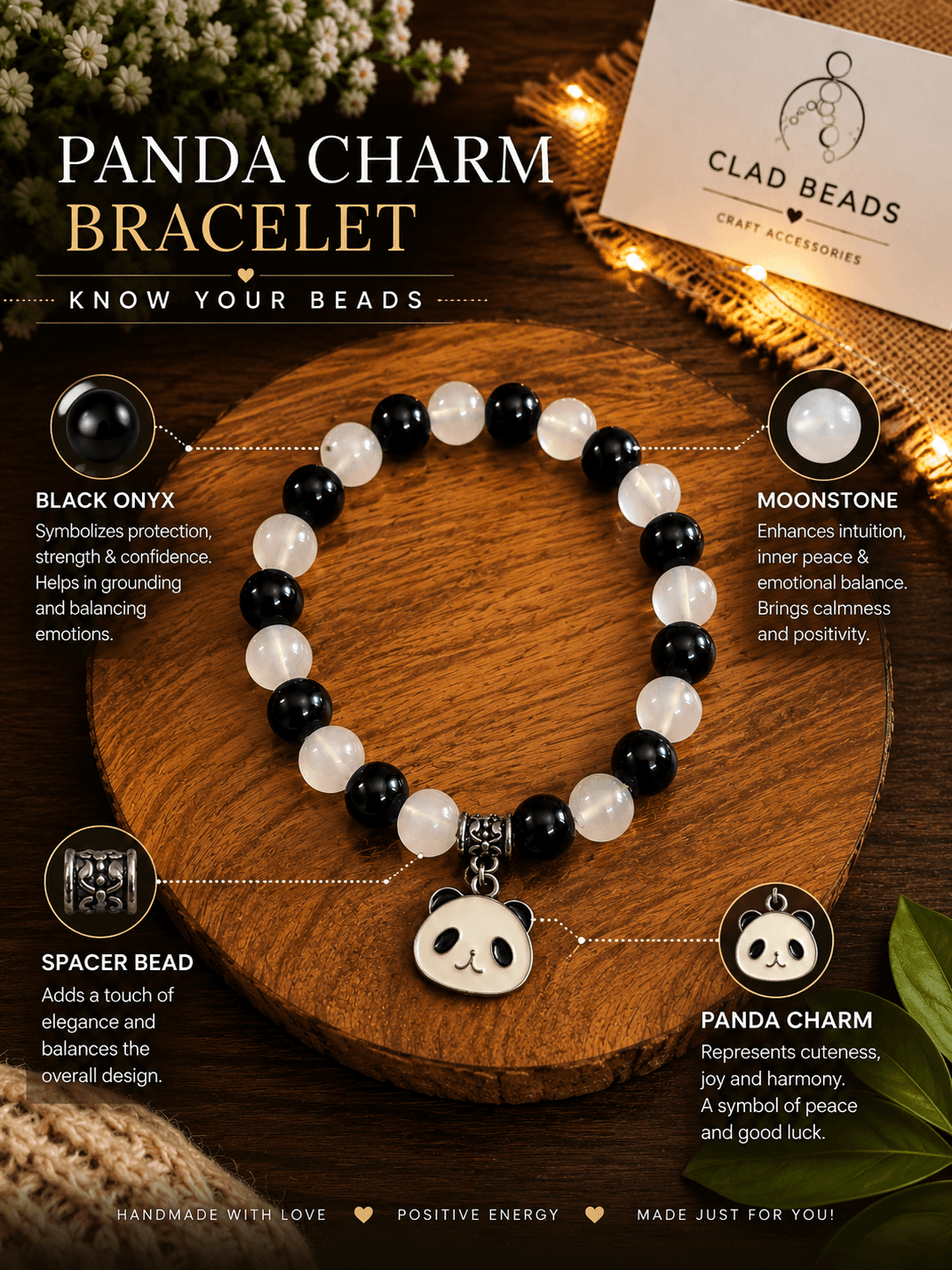 Panda charm bracelet information graphic identifying black and white beads, centre spacer bead and panda charm.