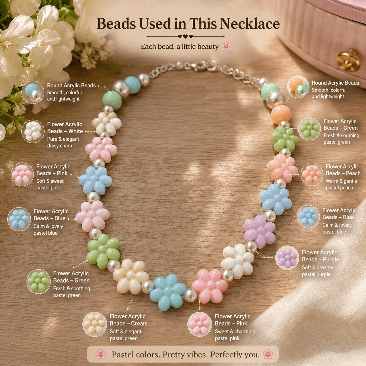 Pastel flower bead necklace showing cream, pink, blue, green, peach and purple acrylic flower beads with round accents.