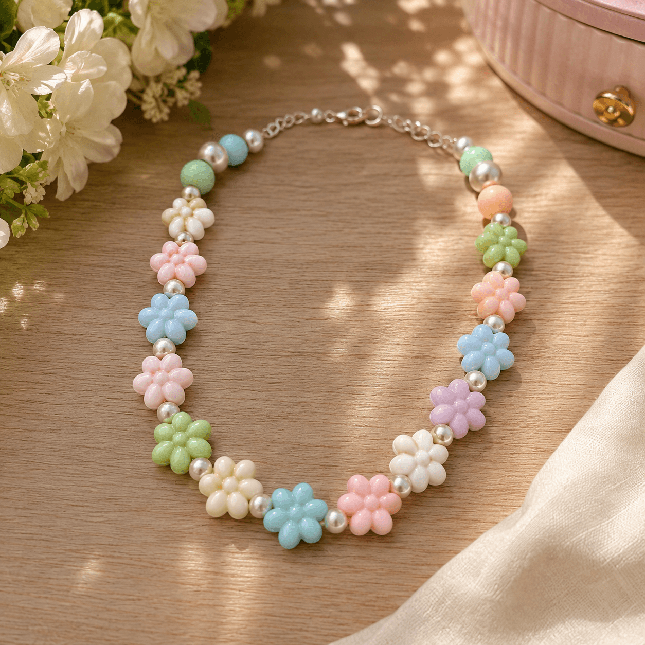 Pastel multicolour handmade flower bead necklace arranged on a wooden surface with cream fabric and white flowers.
