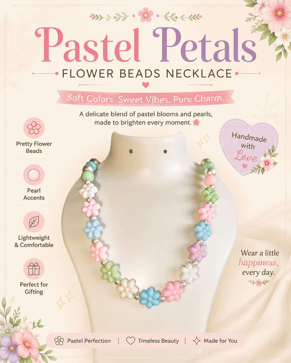 Pastel floral bead necklace displayed on a jewellery bust with handmade and gifting promotional details.