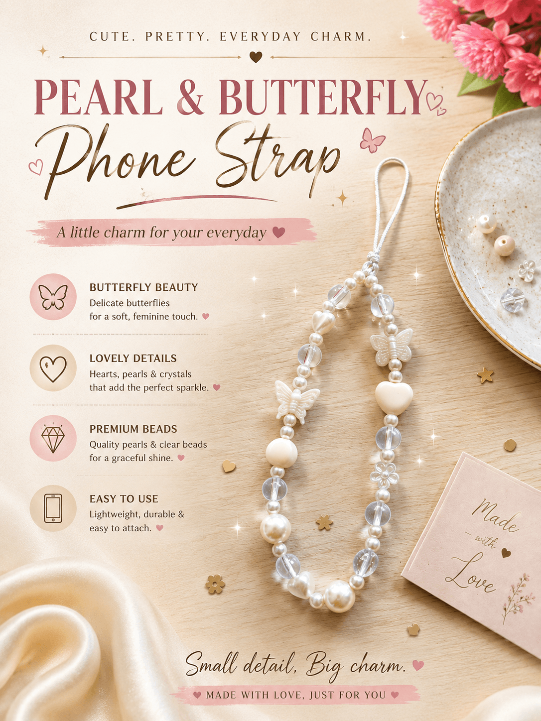 Elegant pearl-look and butterfly handmade phone strap with white and clear decorative bead details.