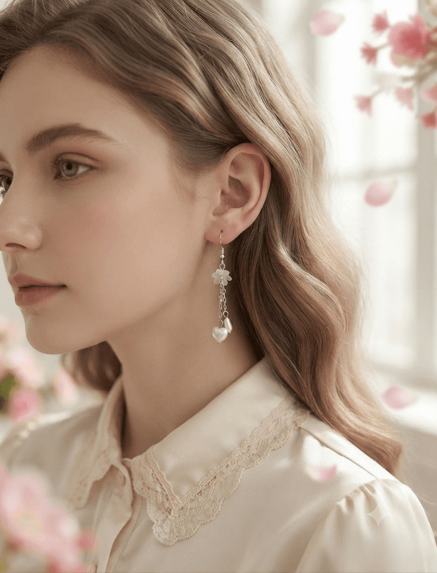 White flower and heart drop earring worn with an elegant cream outfit