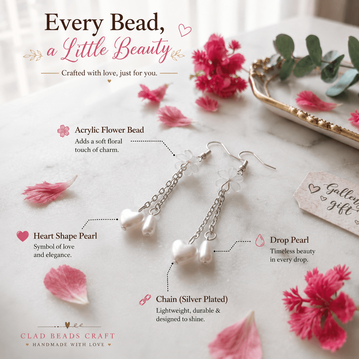 Pearl-look flower heart drop earrings showing acrylic flower bead, heart-shaped bead, drop bead and silver-plated chain