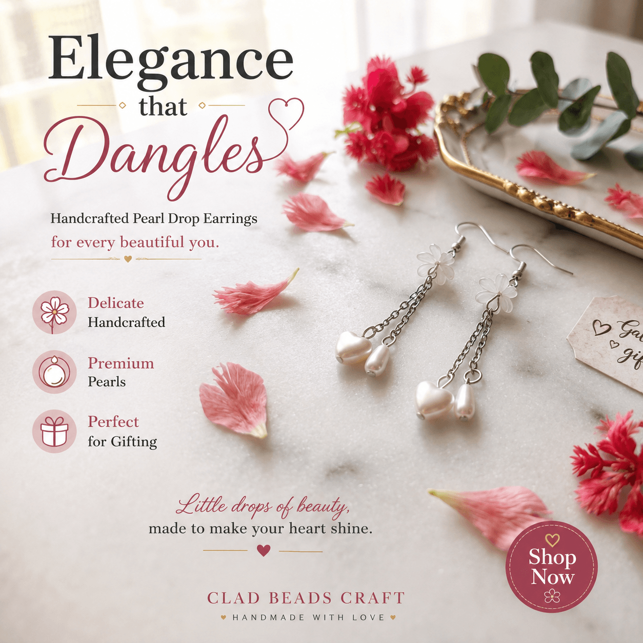 Handmade white pearl-look flower and heart drop earrings with silver-tone chains