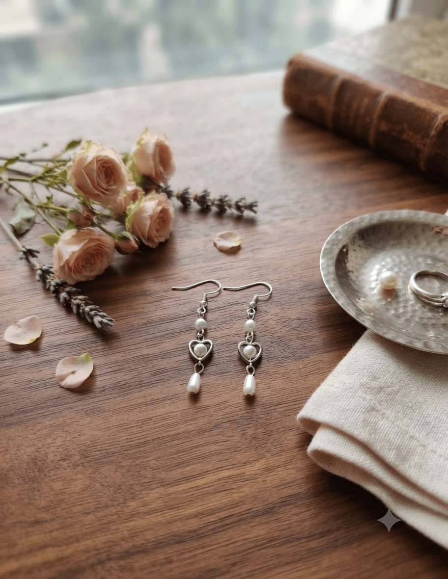 Pair of white pearl-look heart drop earrings displayed on a wooden surface with floral styling