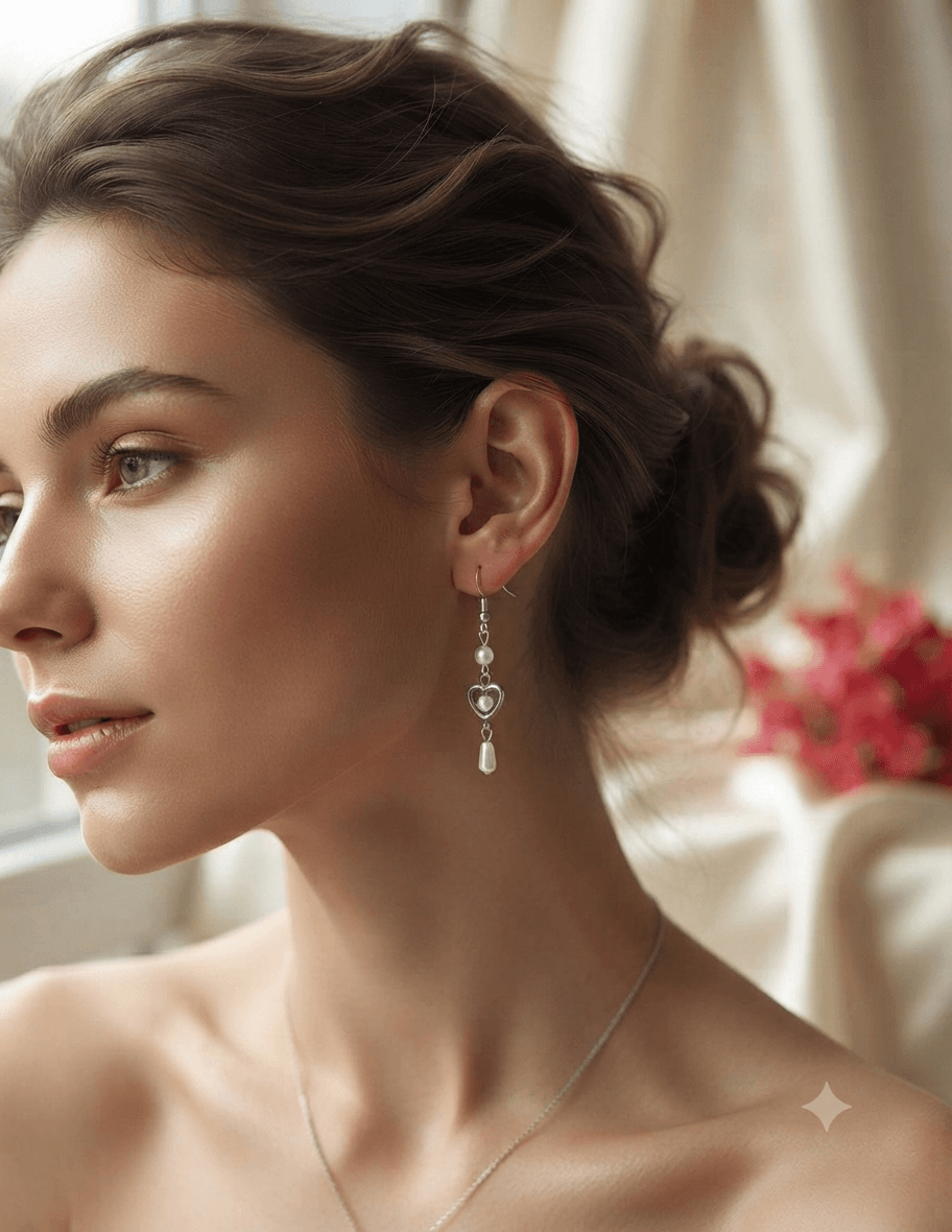 Elegant white pearl-look heart drop earring worn on a woman with a soft feminine outfit