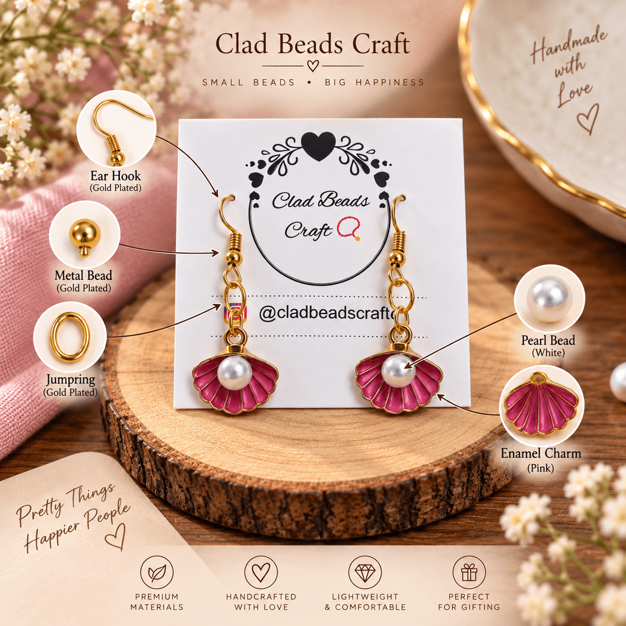 Pink floral pearl-look earrings showing gold-plated ear hooks, metal beads, jump rings and pink enamel-style charms.