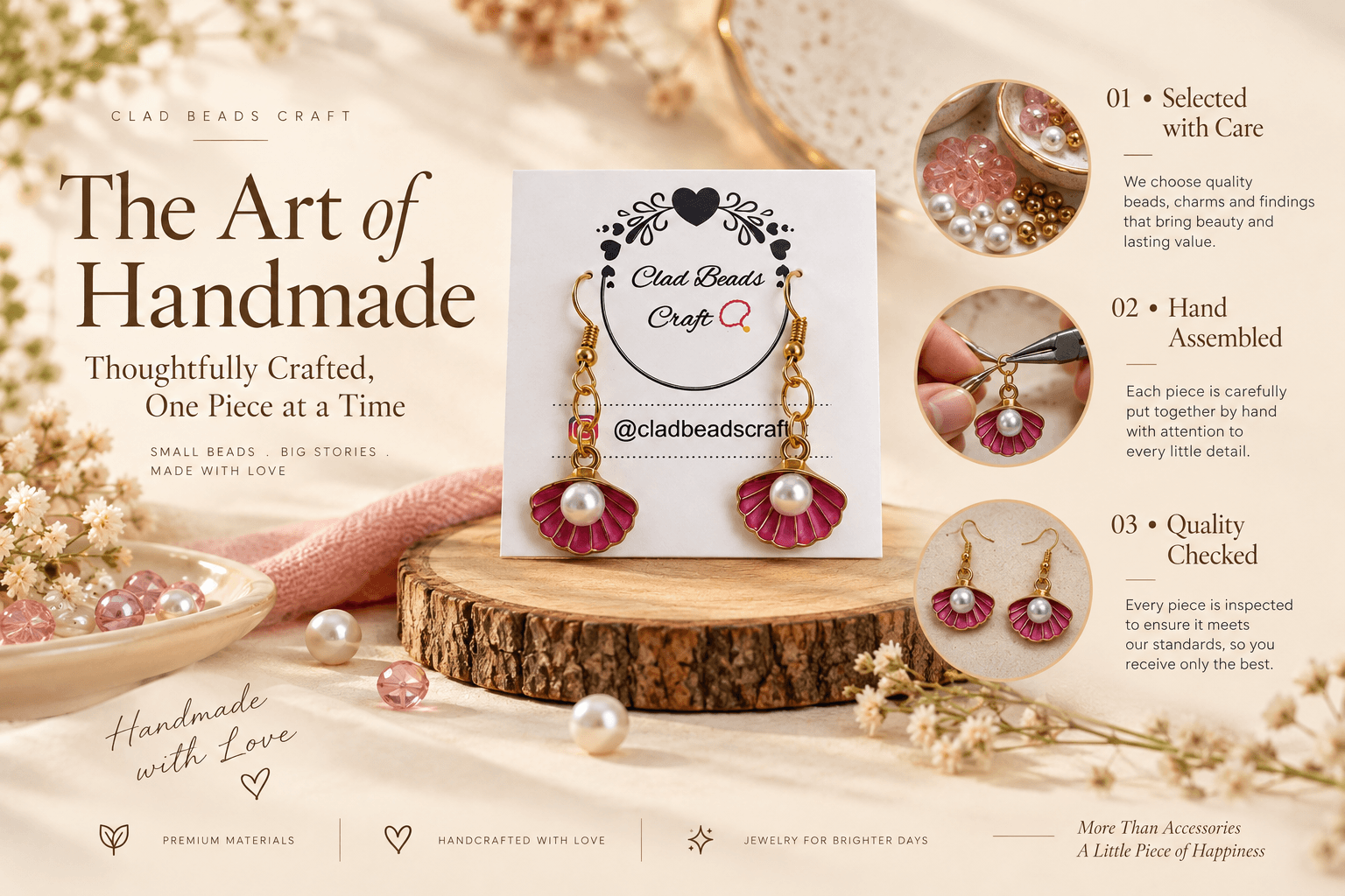 Handmade pink floral pearl-look drop earrings with gold-tone details displayed on a Clad Beads Craft card.