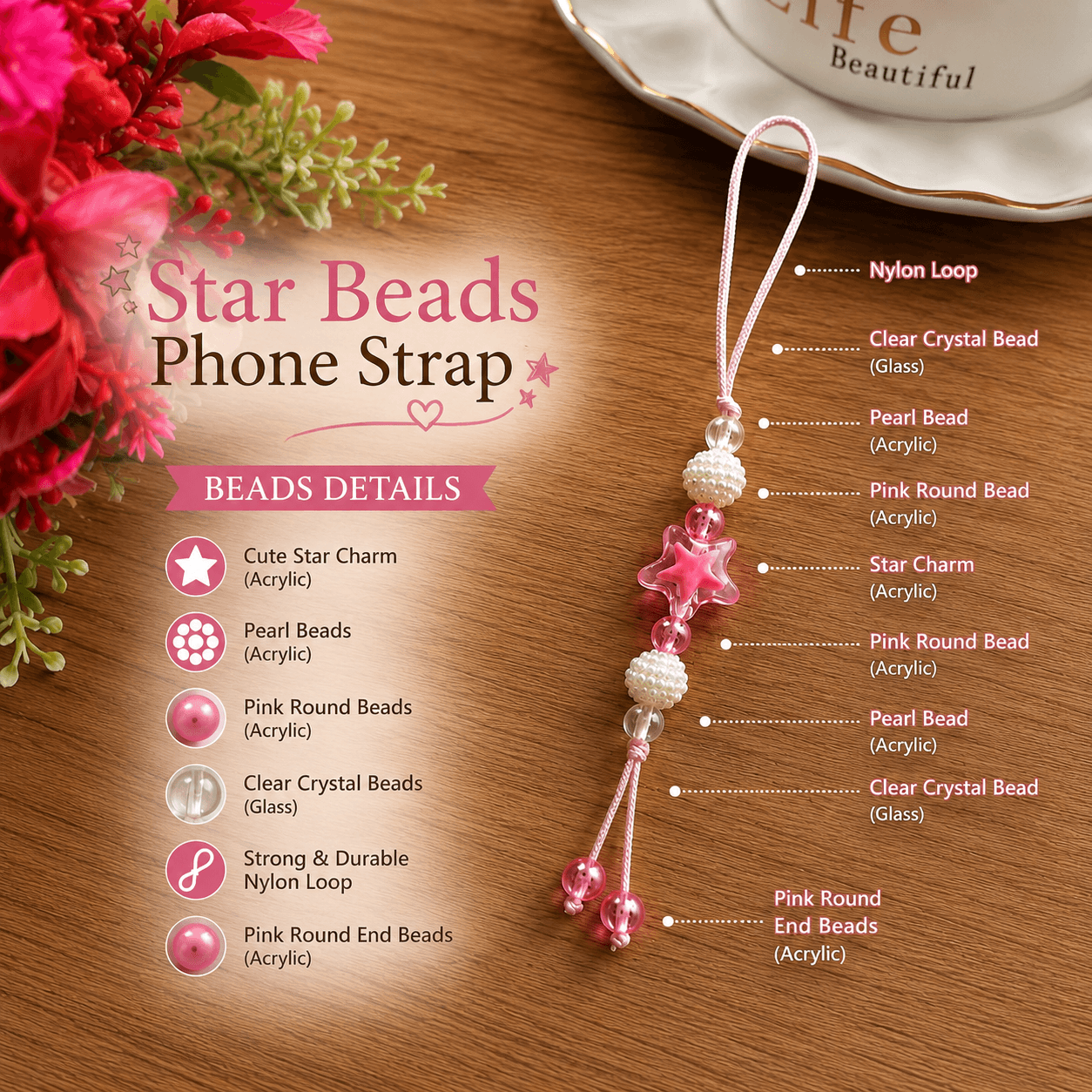Pink handmade phone strap with translucent star charm, white pearl-look beads, pink round beads, clear glass beads and pink nylon loop.