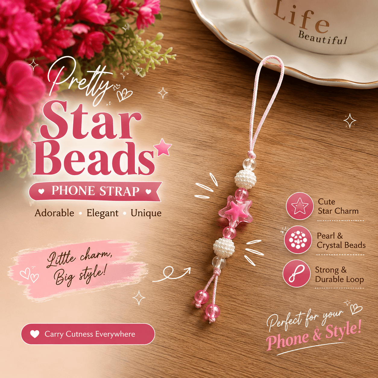 Pretty pink handmade star phone strap with pearl-look and clear glass bead accents displayed on a wooden background.