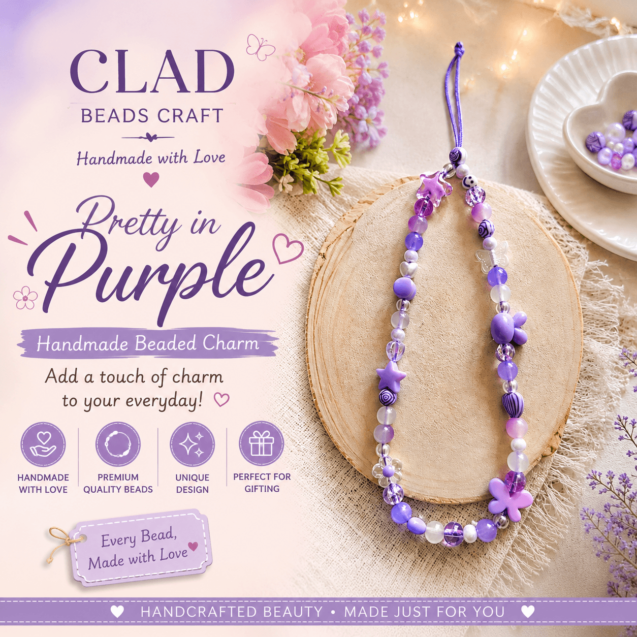 : Handmade purple beaded phone strap displayed on a wooden surface with star, butterfly, flower and cute decorative beads.