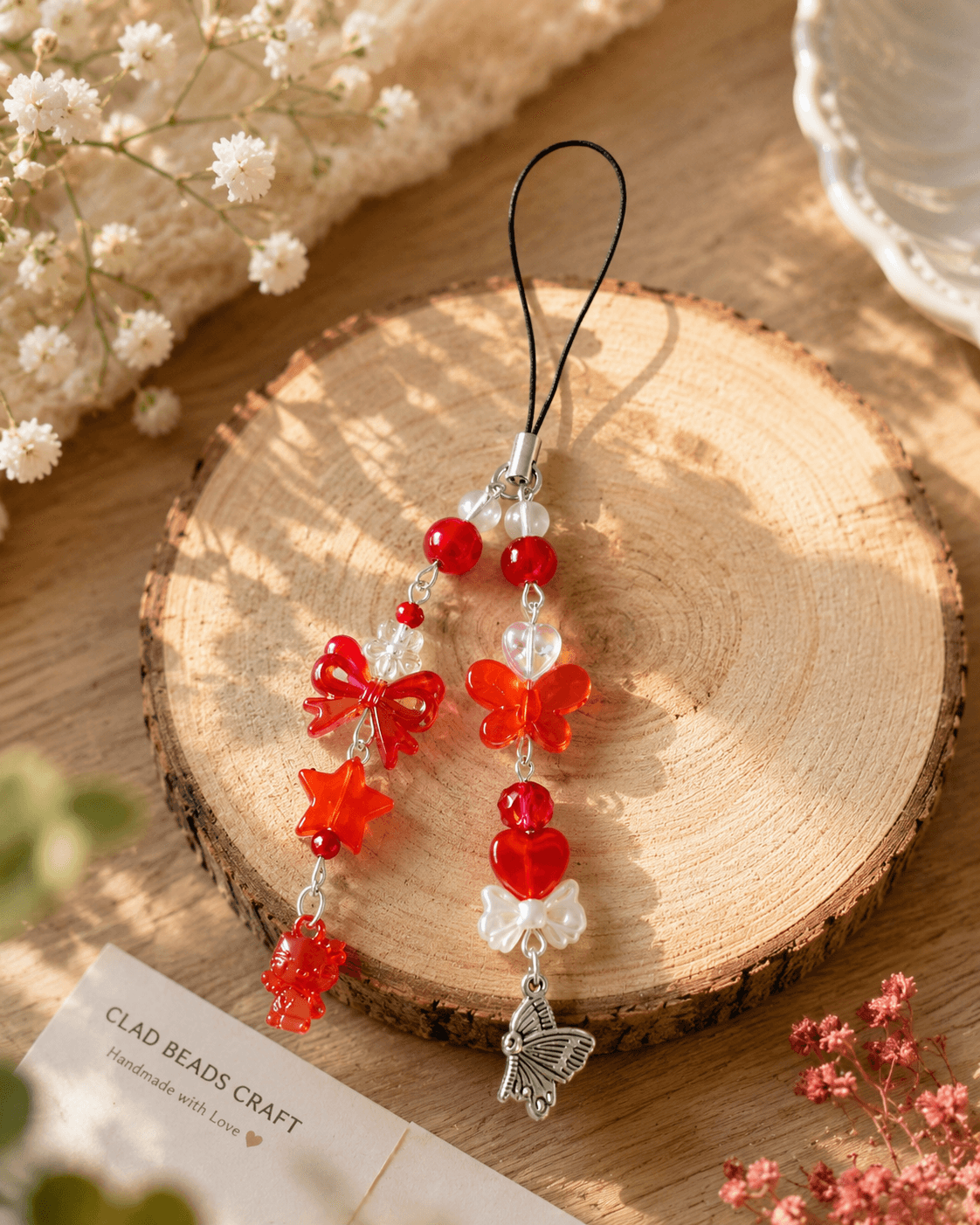 Handmade red and orange beaded phone charm strap displayed with red bows, orange butterfly, heart, star, teddy bear and silver-tone butterfly charm.