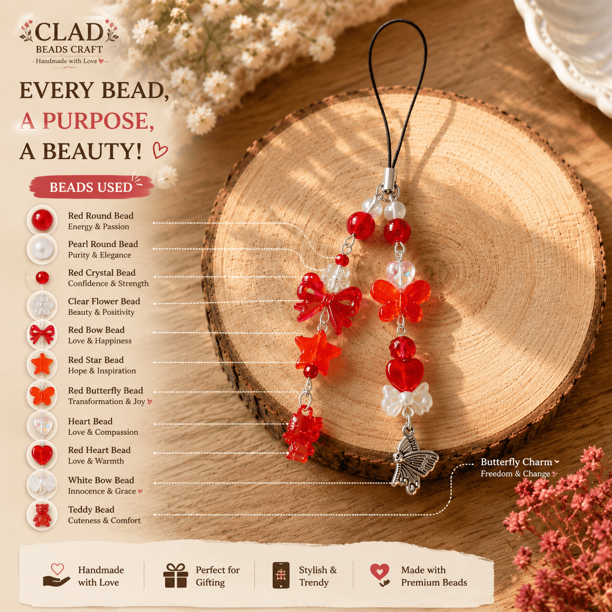Red and orange phone charm strap bead guide showing red round beads, white pearl-look beads, red bow, orange butterfly, star, heart, teddy bear and silver-tone butterfly charm.