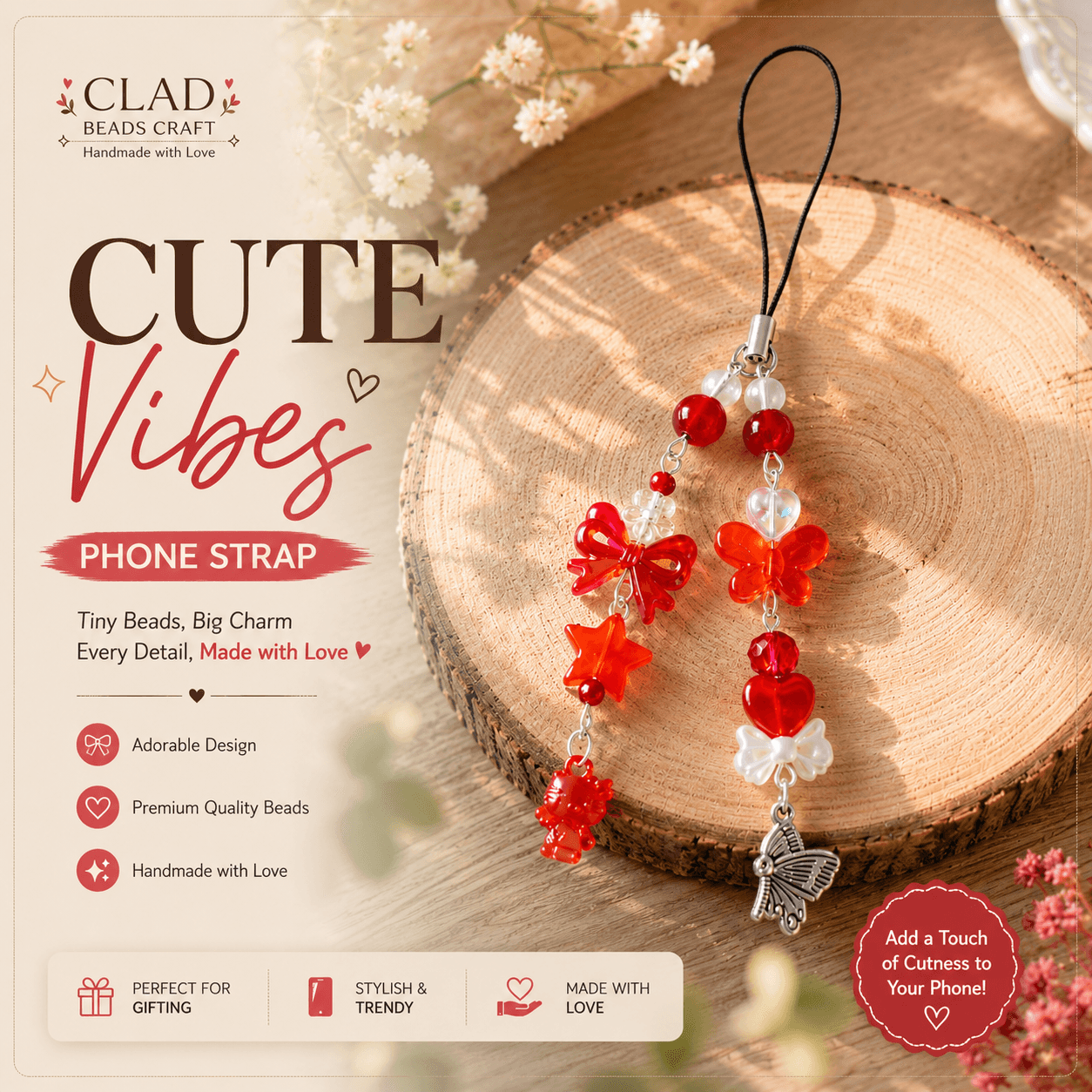 Handmade red and orange phone charm strap displayed with colourful beads, bows, butterflies, hearts, stars, teddy bear and pearl-look accents.