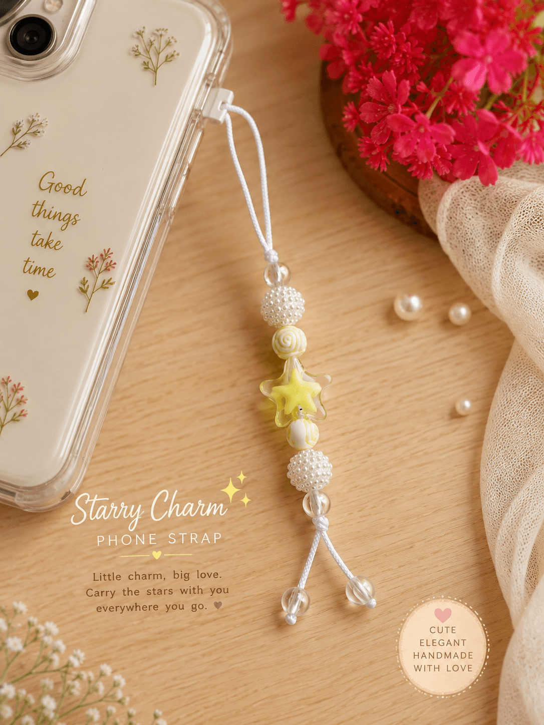 Clear smartphone case decorated with a handmade pastel yellow star phone strap featuring white, clear and pearl-look bead details.