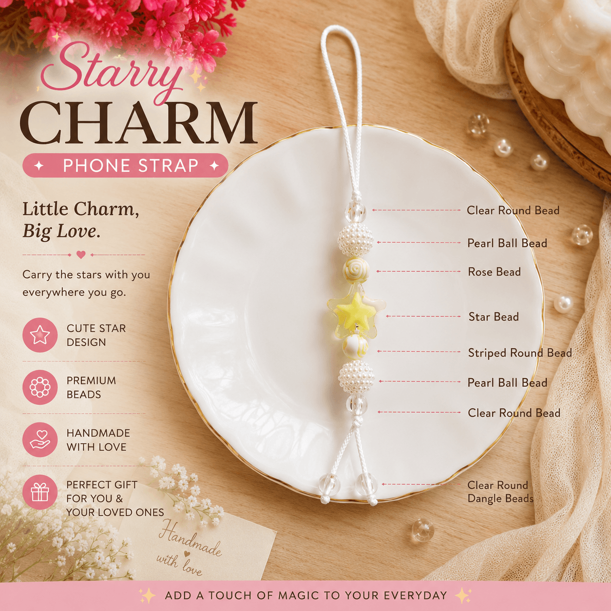 Product guide showing clear round beads, pearl-look ball beads, rose-inspired bead, yellow star bead, striped round bead and clear dangle beads on a handmade phone strap.