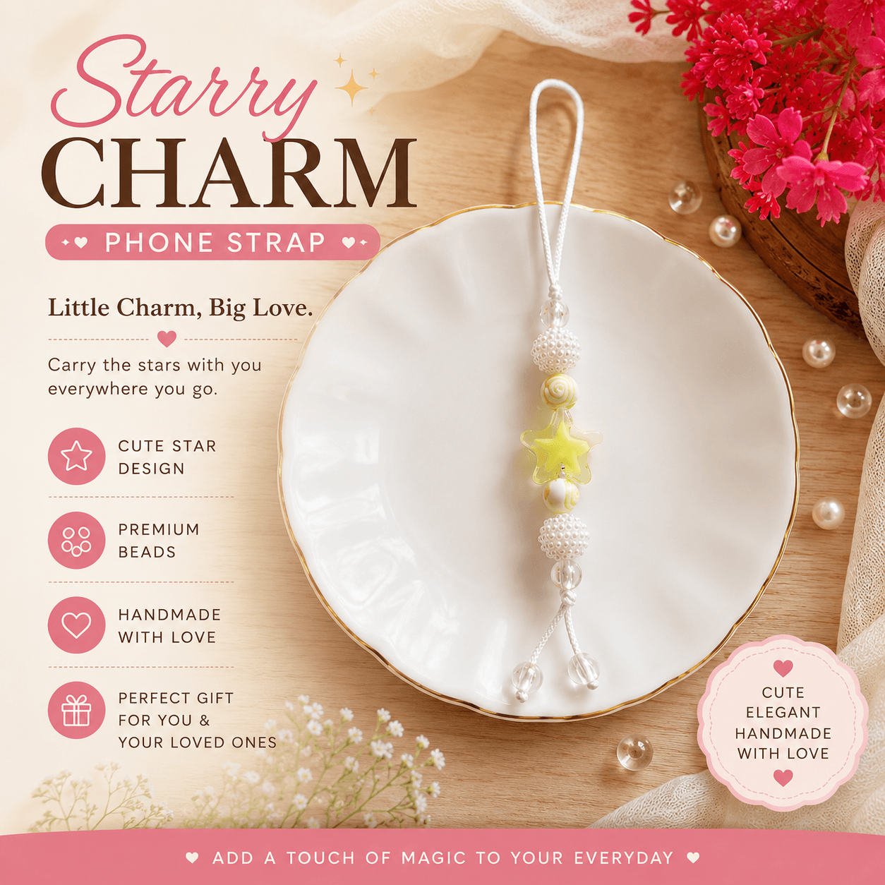 Handmade pastel yellow star phone strap with white and clear decorative beads, pearl-look accents and a white cord loop displayed on a white dish.