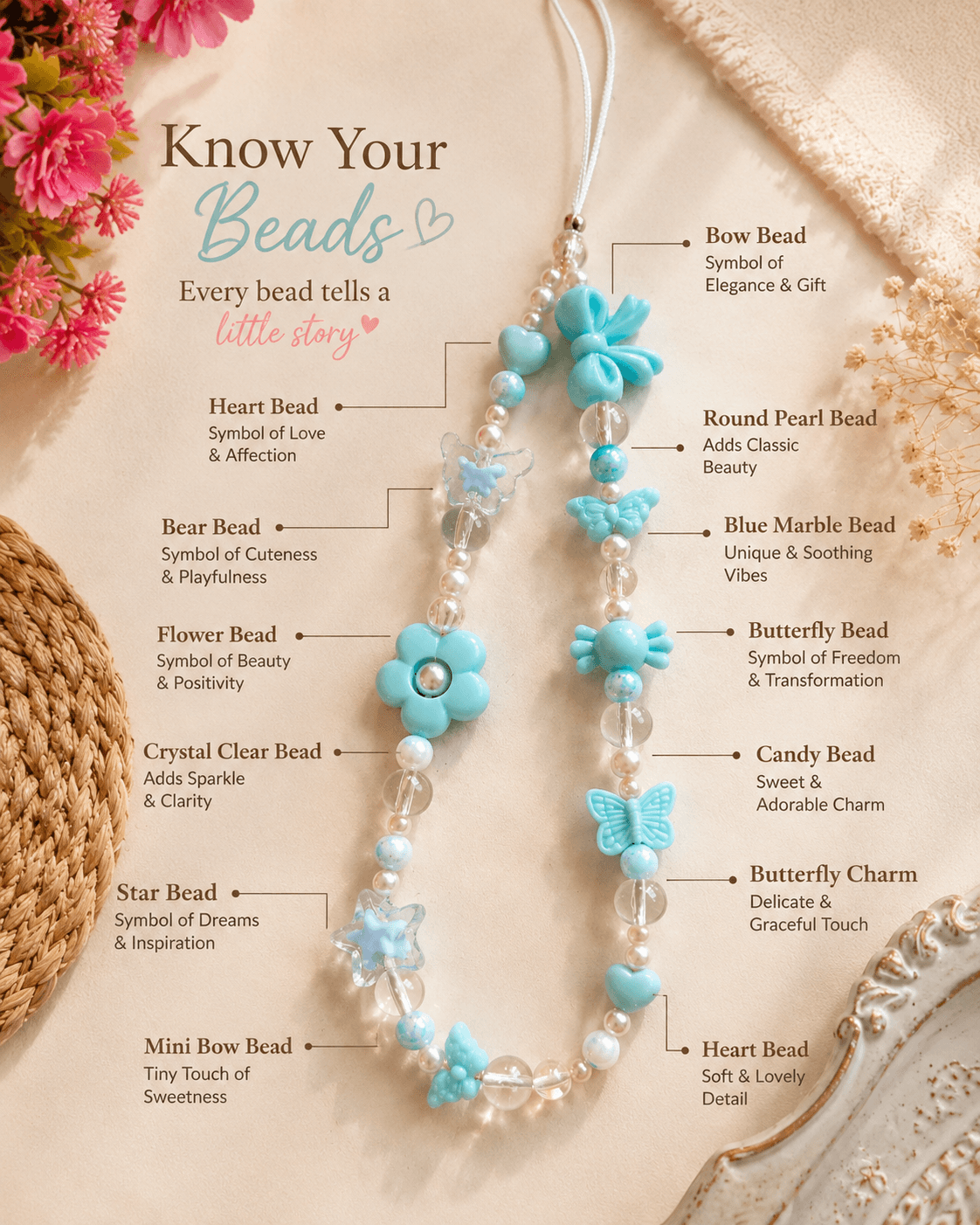 Product guide showing pastel blue heart, bow, flower, butterfly, bear-inspired, star and candy-style beads with clear and pearl-look decorative beads.