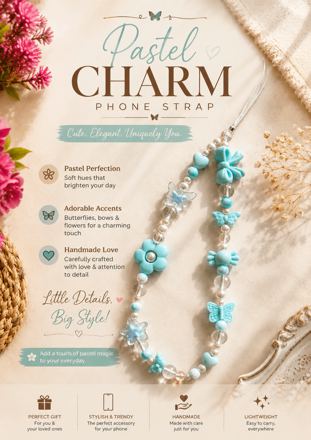 Handmade pastel blue beaded phone strap with butterfly, flower, heart, bow and star details in aqua, mint, white and clear tones.