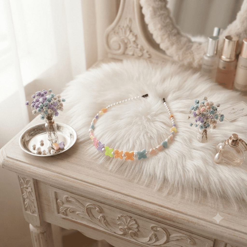 Pastel butterfly and bead headband displayed on a soft white surface