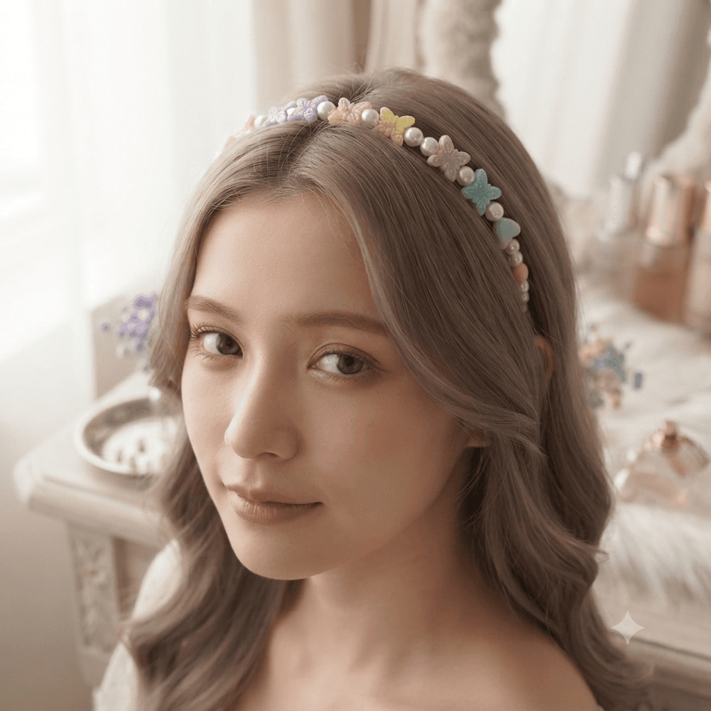 Pastel butterfly beaded headband worn with soft waves and a feminine hairstyle