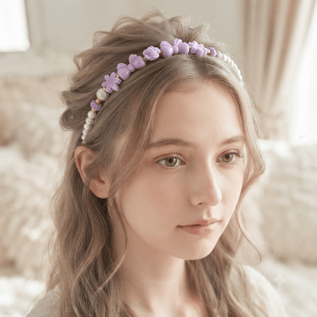 Woman wearing a lilac floral and pearl-look beaded headband with softly styled hair