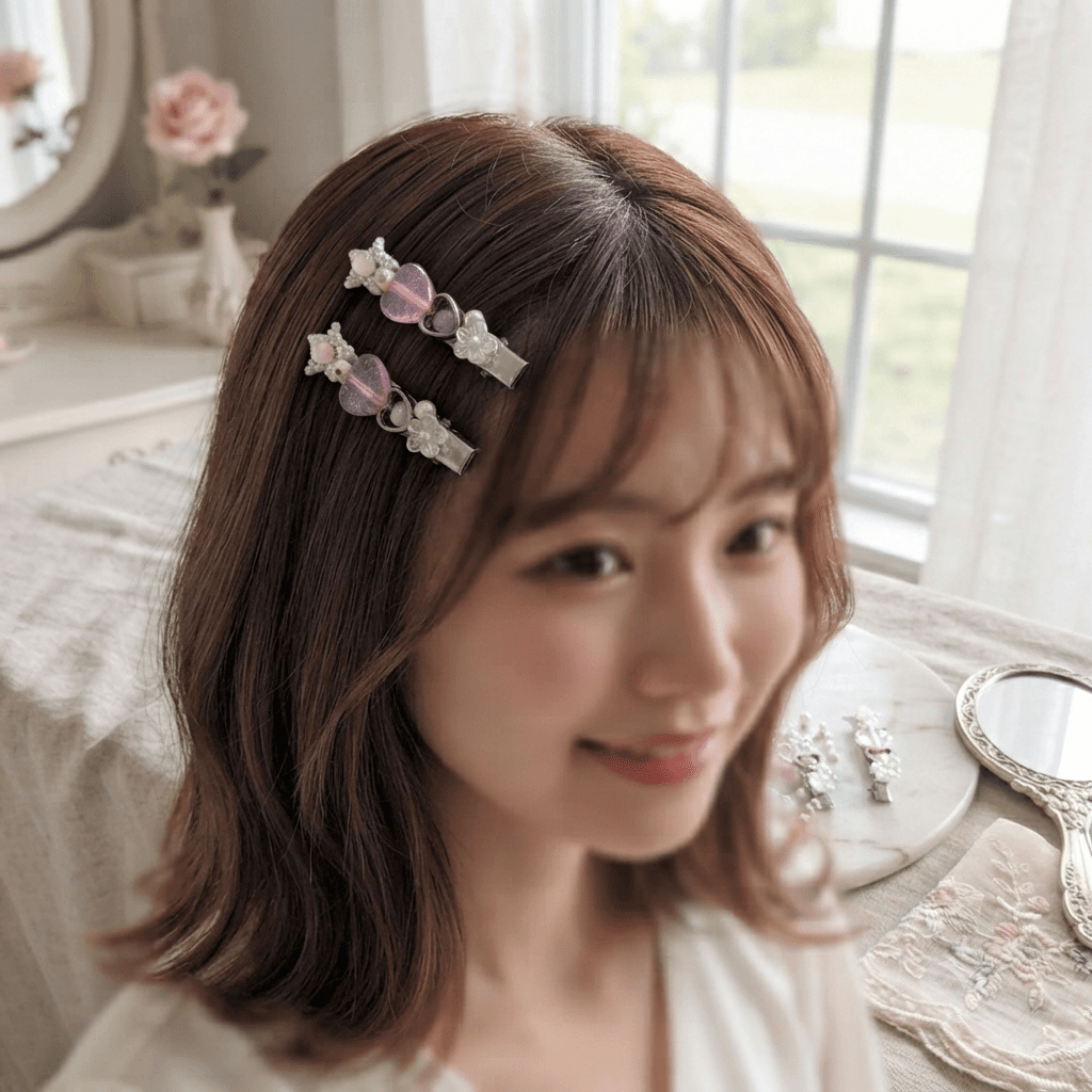 Woman wearing matching blush pink heart and pearl-look beaded hair clips in her hairstyle