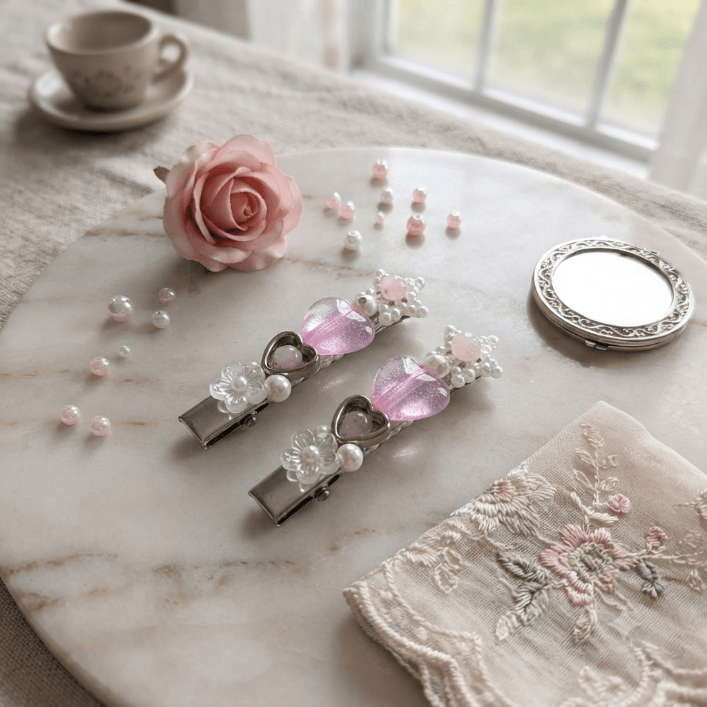 Two handmade-style pink heart beaded hair clips displayed with pearl-look and floral bead accents