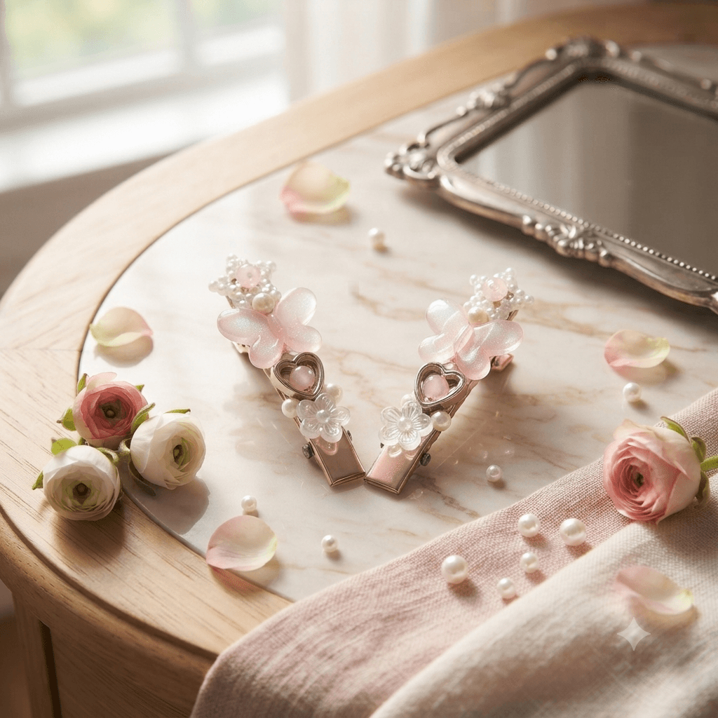 Two pink butterfly beaded hair clips displayed on a marble-style surface with floral accents