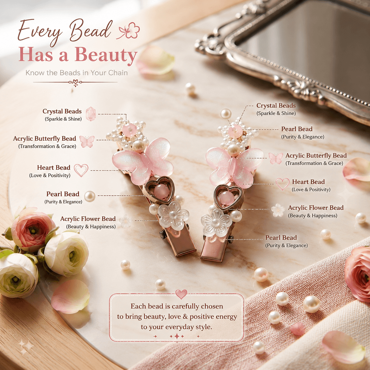 Pink beaded hair clips showing butterfly, heart, flower, pink decorative and pearl-look beads