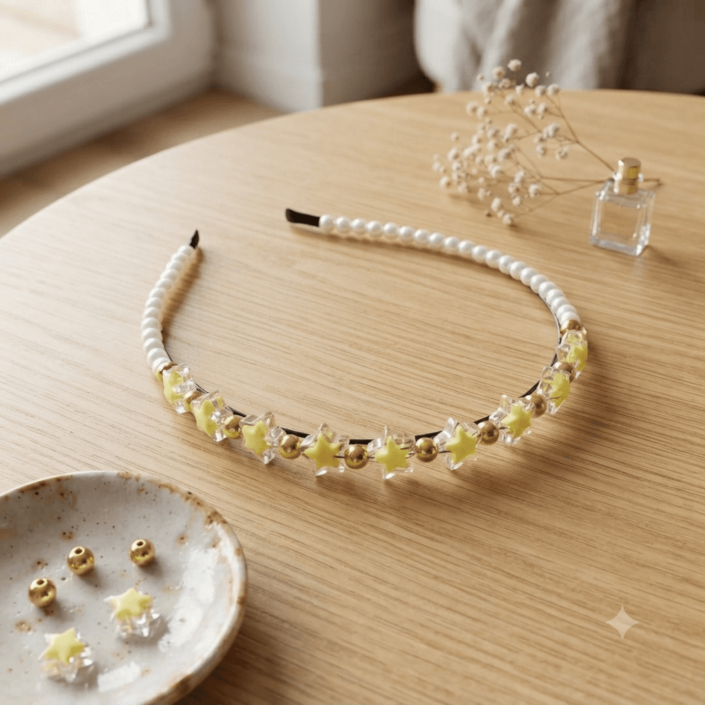 Yellow star and white pearl-look beaded headband displayed on a wooden table