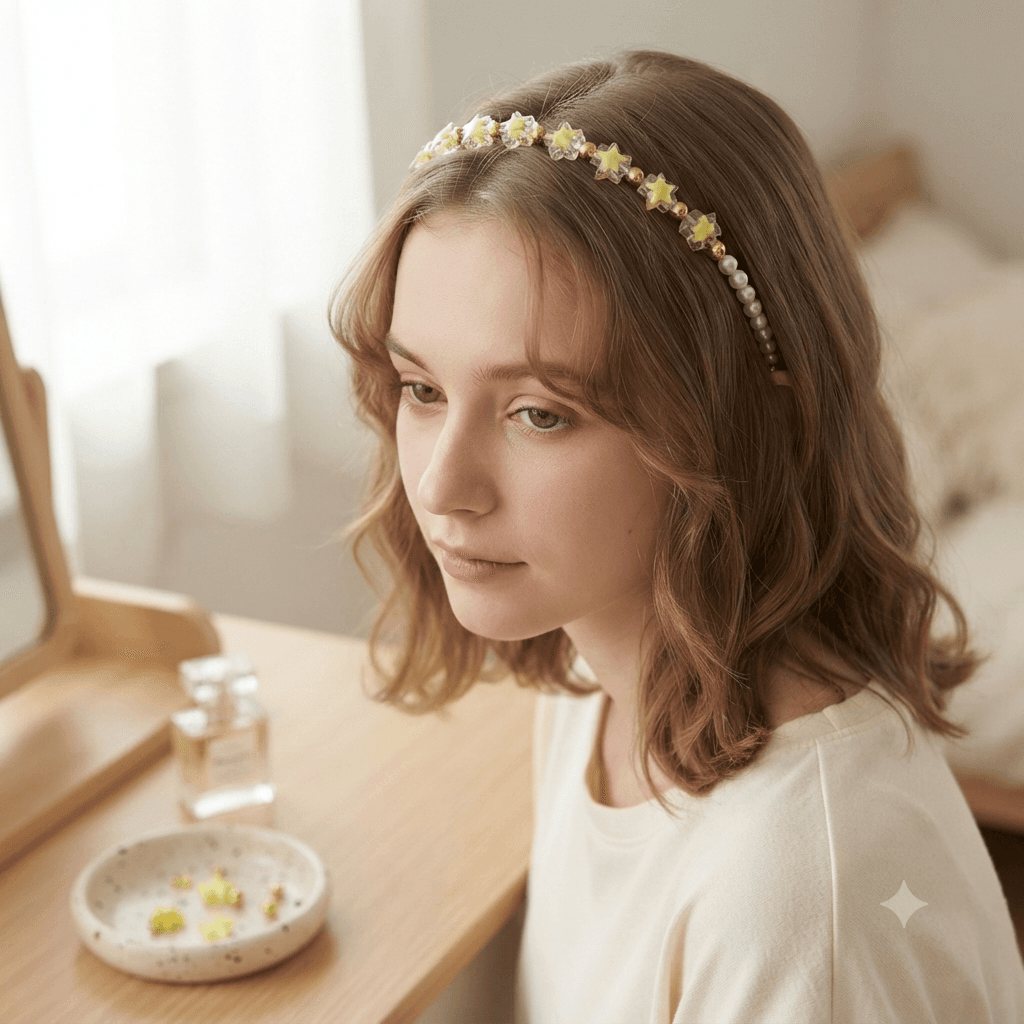 Woman wearing a yellow star and pearl-look beaded headband with softly styled hair