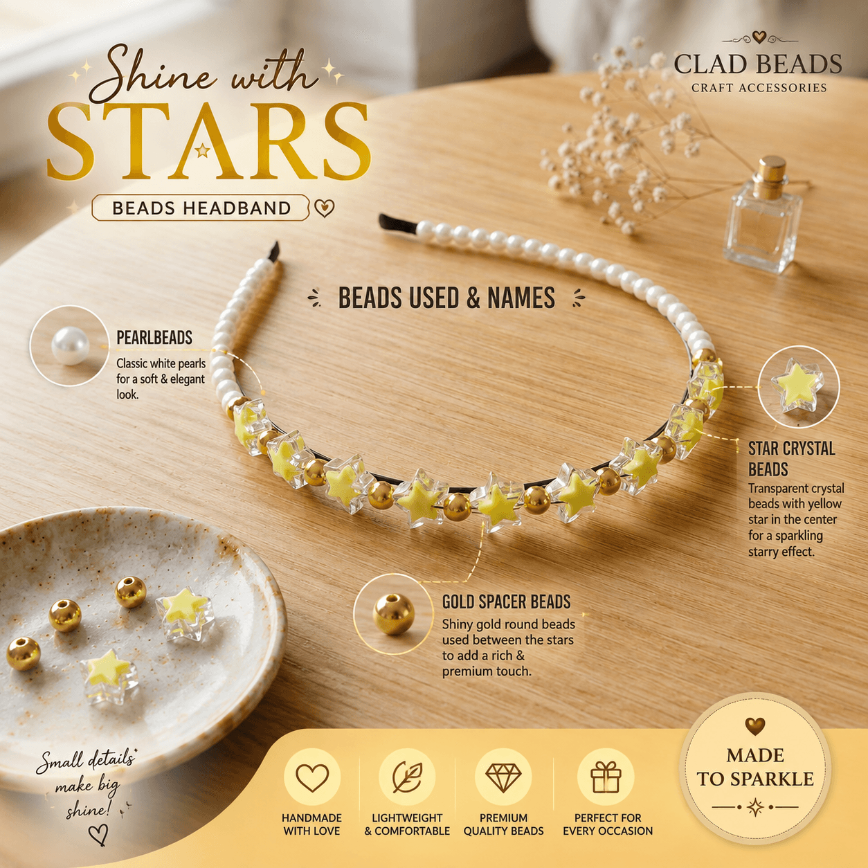 Star beaded headband showing white pearl-look beads, translucent yellow-centred stars and gold-tone spacer beads