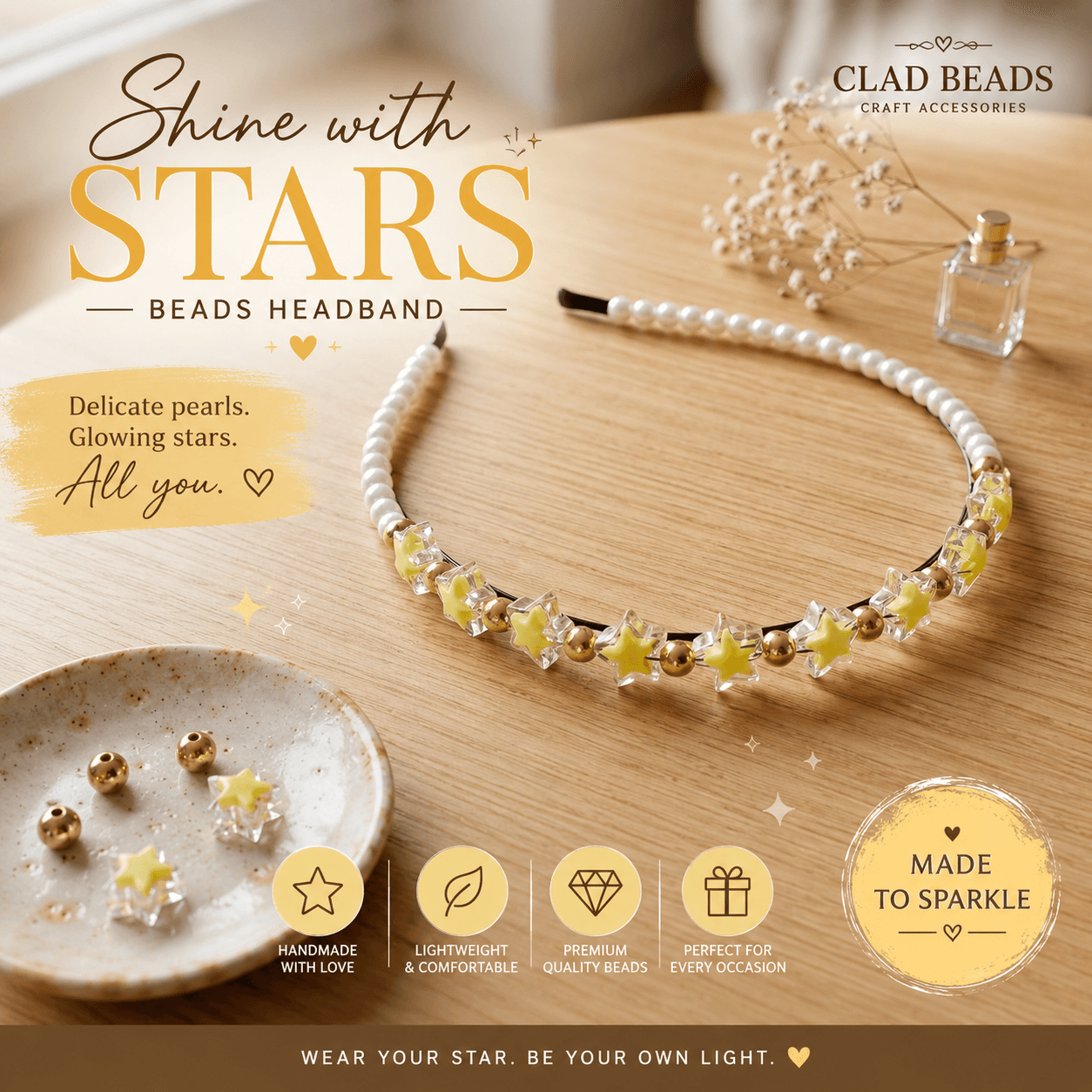 White pearl-look and yellow star beaded headband with gold-tone accents displayed on a wooden surface