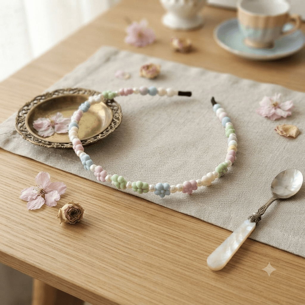 Pastel flower beaded headband displayed on a linen and wooden surface