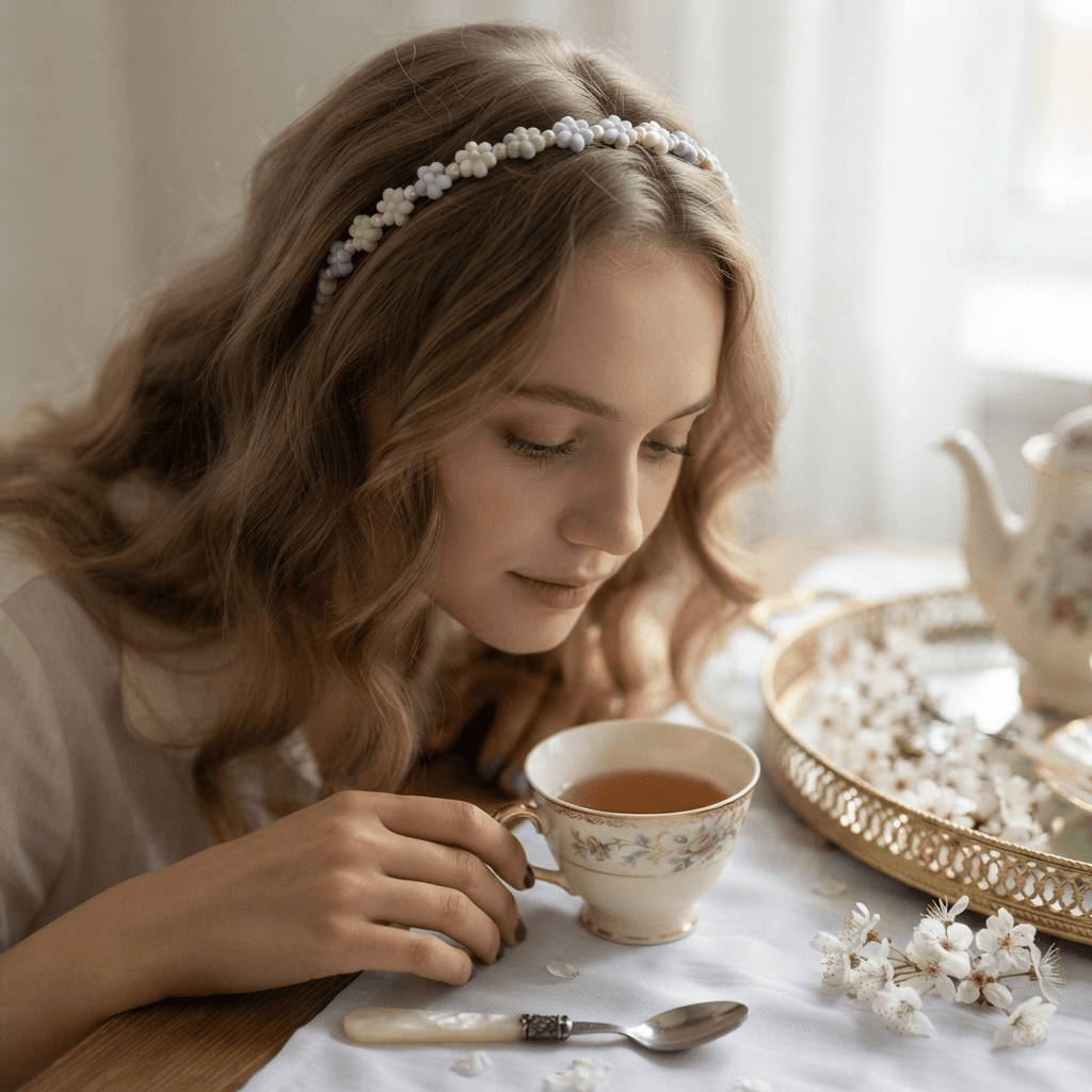 Woman wearing a pastel flower beaded headband with softly styled hair