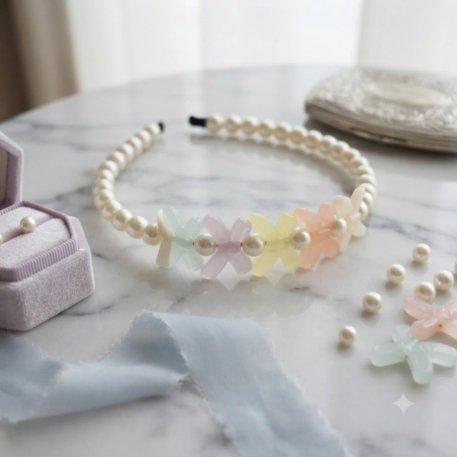 Pastel flower and pearl-look beaded headband displayed on a soft marble-style surface