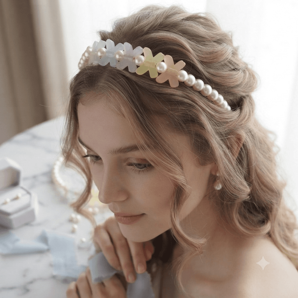 Woman wearing a pastel flower and pearl-look beaded headband with softly styled hair