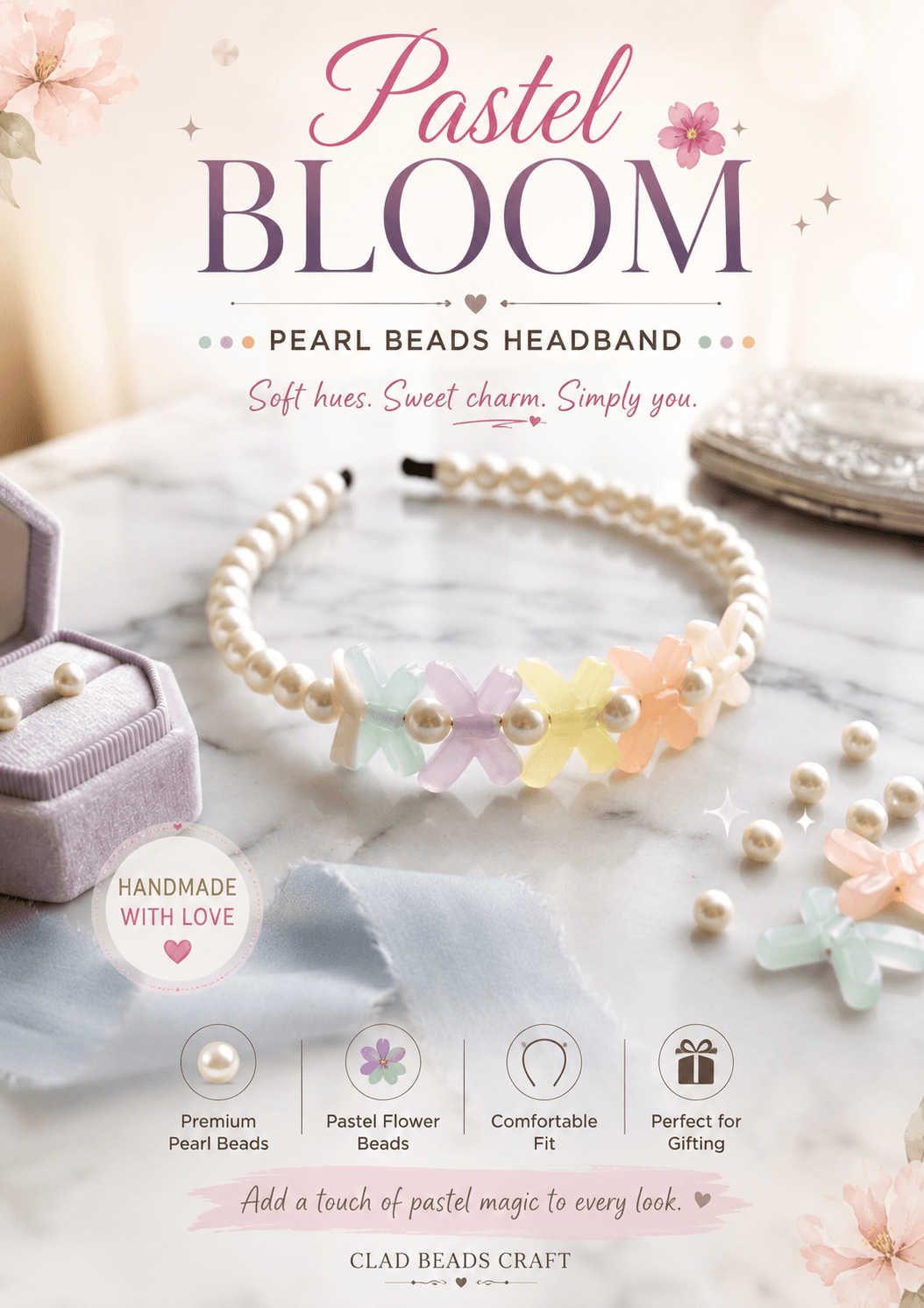 Handmade pastel flower pearl-look beaded headband with soft green, purple, yellow and peach accents