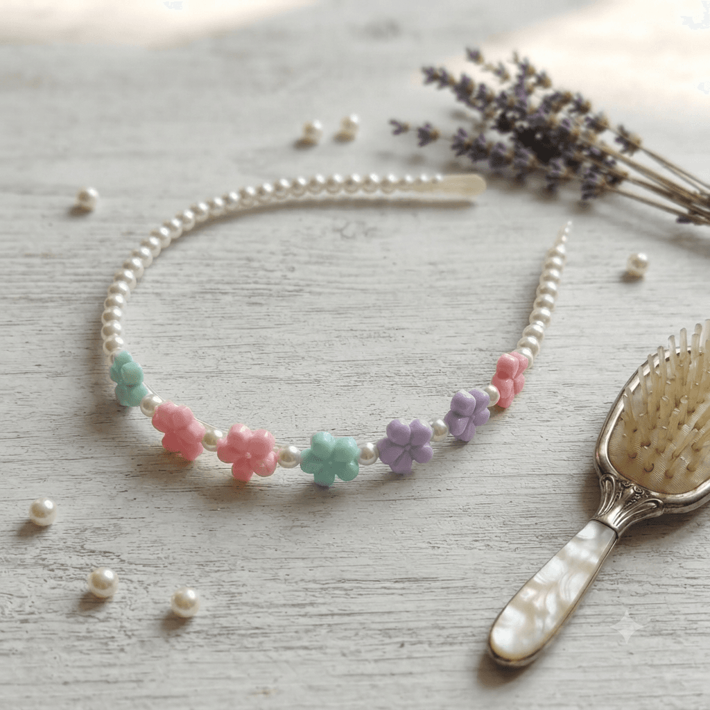 Pastel floral beaded headband displayed with pearl-look beads and lavender accents