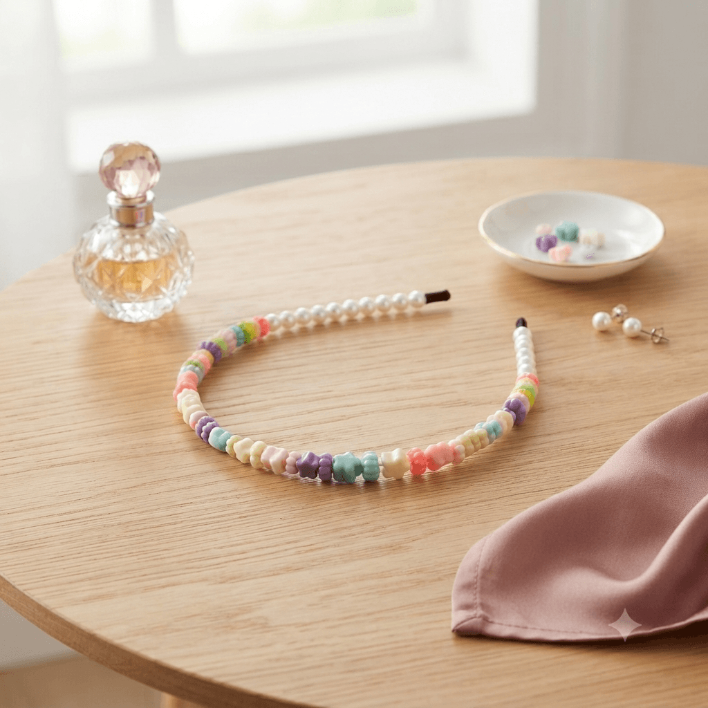 Colourful pastel flower and pearl-look beaded headband displayed on a wooden surface